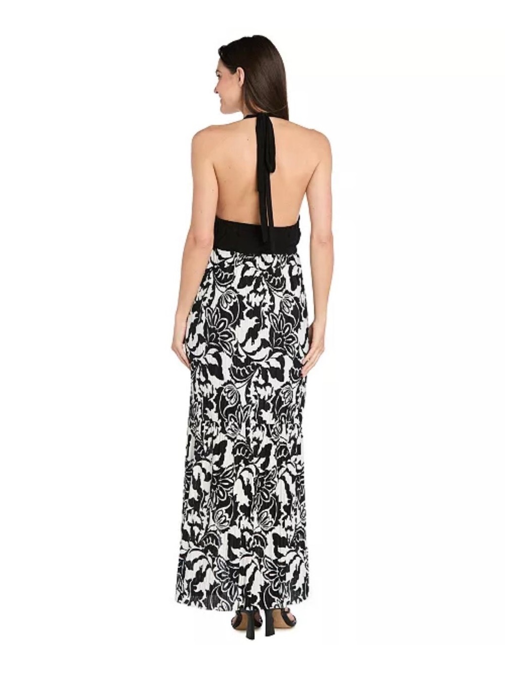 Black & White Backless Halter Floral Maxi Dress